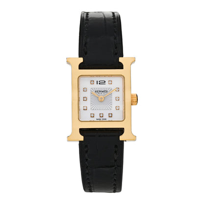 Stainless Steel Alligator Diamond Mother of Pearl 17.2mm Heure H Hour Quartz Watch Noir
