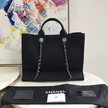 Chanel Deauville Pearl Canvas Tote Bag Black