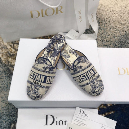 Dior Off Embroidered Cotton Flat Mules With Toile de Jouy Motif