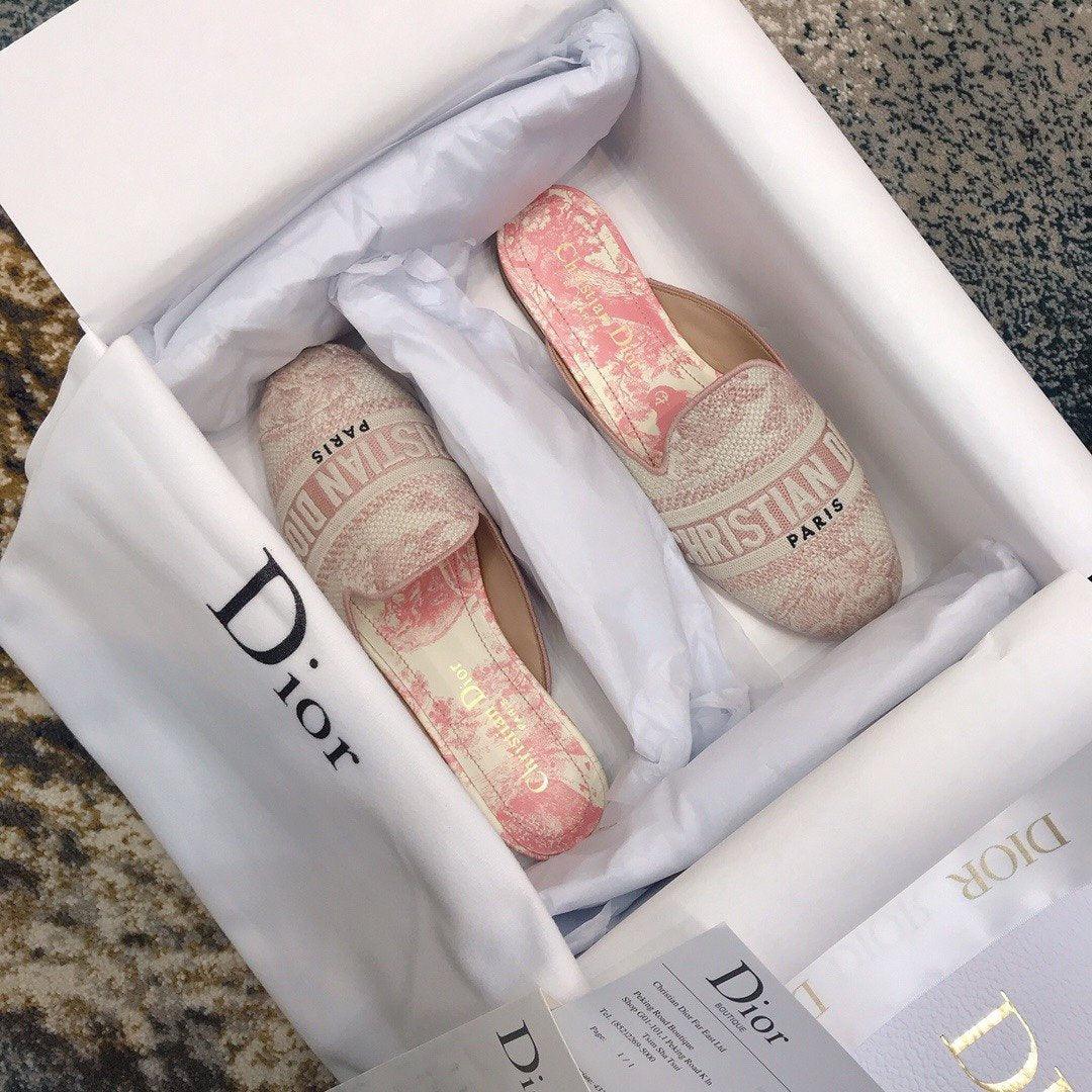 Dior Off Embroidered Cotton Flat Mules With Toile de Jouy Motif