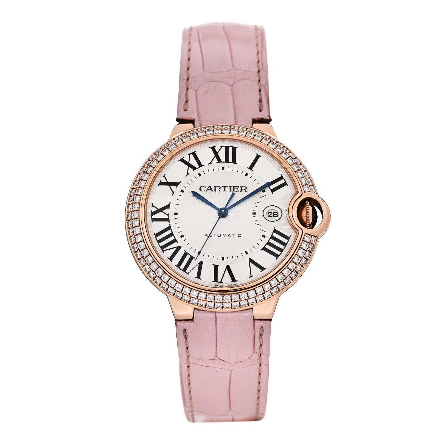 18K Pink Gold Alligator Diamond Bezel 42mm Ballon Bleu De Cartier Automatic Watch Pink