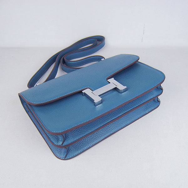 Luxury Hermes Calf Leather Message Bag Blue Silver