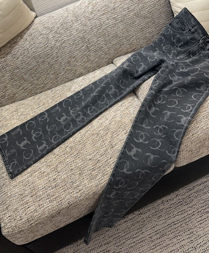 Chanel CC Printed Embroidered Denim Logo Jeans