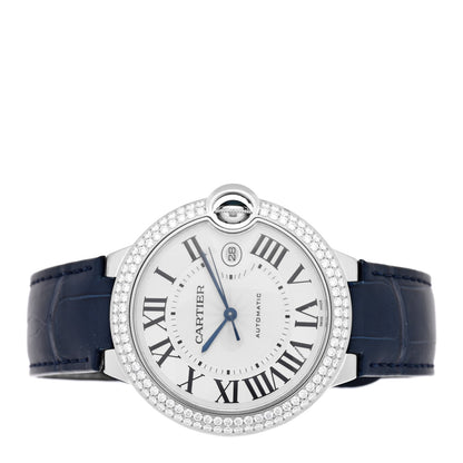 18K White Gold Alligator Diamond Pave Bezel 42mm Ballon Bleu De Cartier Automatic Watch