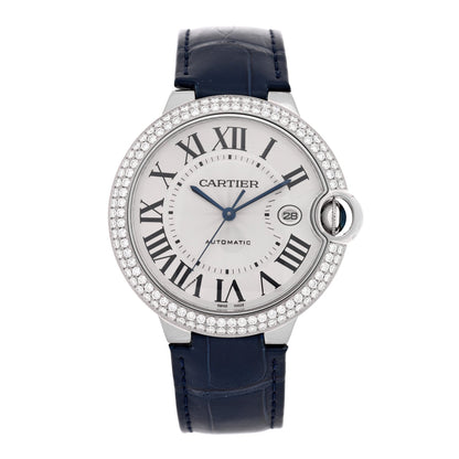 18K White Gold Alligator Diamond Pave Bezel 42mm Ballon Bleu De Cartier Automatic Watch