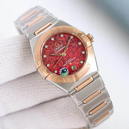 Omega Constellation 29mm Steel Rose Gold Red Dial
