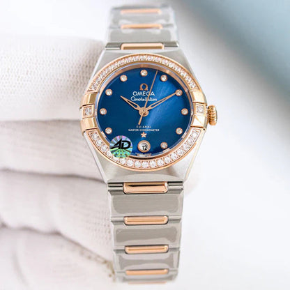 Omega Constellation 29mm Steel Rose Gold Diamond Benzel Blue Dial