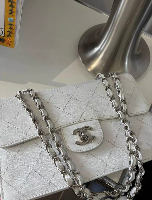 Chanel White Caviar Leather Classic Double Flap Shoulder Bag Rovelle Bags