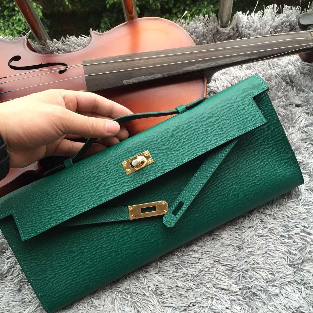 Luxury Hermes Green Handcrafted Kelly Cut Clutch