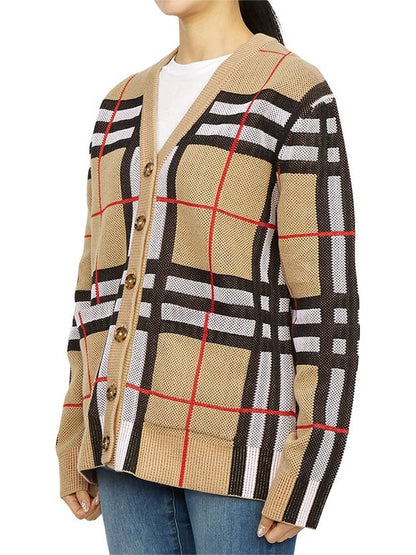 Luxury Burberry V-Neck Checked Technical Cotton Cardigan Archive Beige