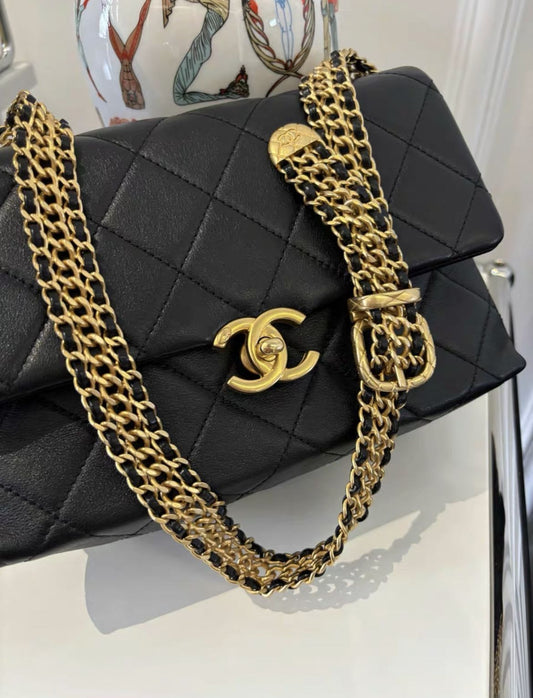 Chanel23S Black Gold Cowhide Metal Braided Belt Shoulder Strap Rovelle Bags
