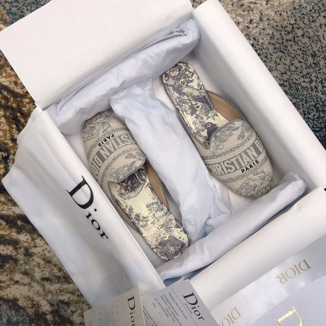 Dior Off Embroidered Cotton Flat Mules With Toile de Jouy Motif
