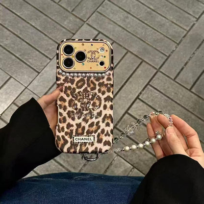 Leopard-print, pearl, and diamond iPhone case