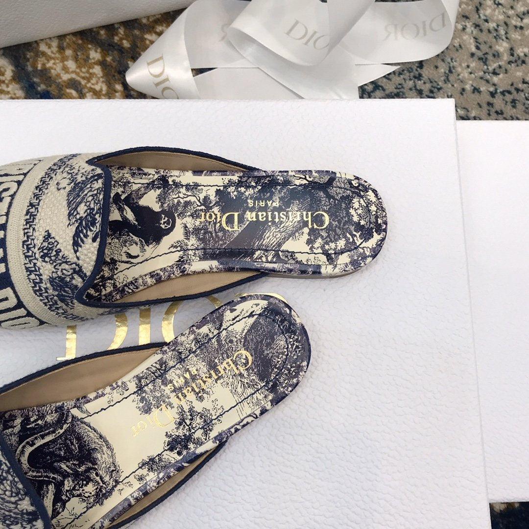 Dior Off Embroidered Cotton Flat Mules With Toile de Jouy Motif