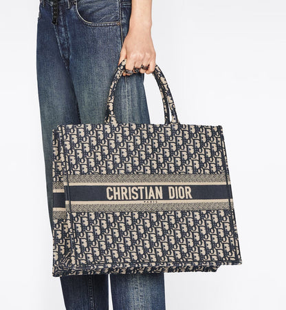 DIOR ECRU & BLUE OBLIQUE EMBROIDERY LARGE BOOK TOTE BAG Rovelle Bags