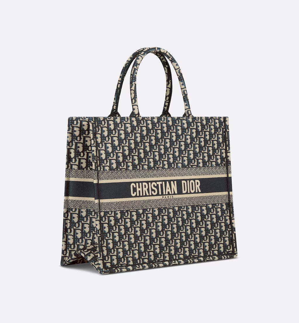 DIOR ECRU & BLUE OBLIQUE EMBROIDERY LARGE BOOK TOTE BAG Rovelle Bags