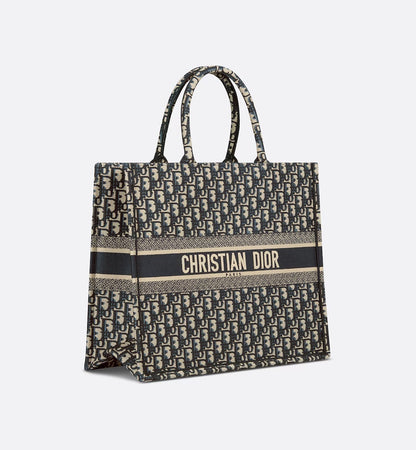 DIOR ECRU & BLUE OBLIQUE EMBROIDERY LARGE BOOK TOTE BAG Rovelle Bags
