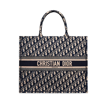 DIOR ECRU & BLUE OBLIQUE EMBROIDERY LARGE BOOK TOTE BAG Rovelle Bags