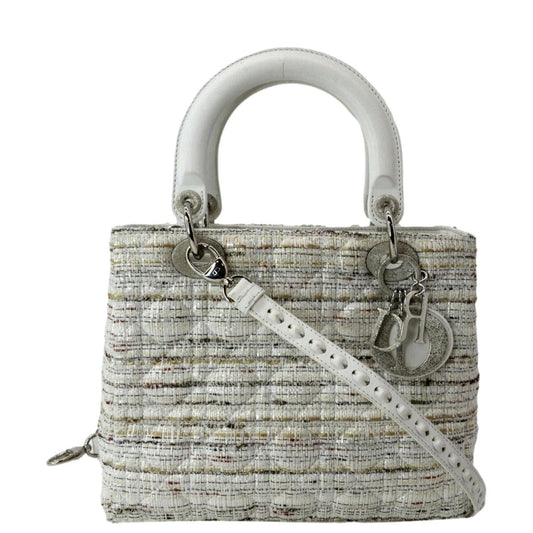 CHRISTIAN DIOR Medium Lady Dior Tweed Leather Shoulder Bag White Rovelle Bags