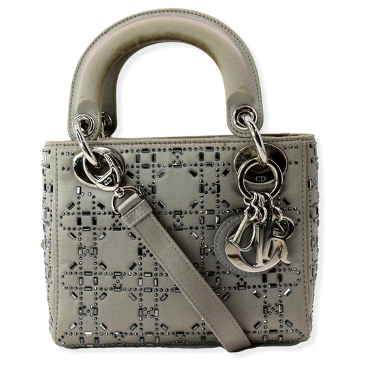 CHRISTIAN DIOR Mini Lady Dior Crystal Embellished Satin Shoulder Bag Gray Rovelle Bags