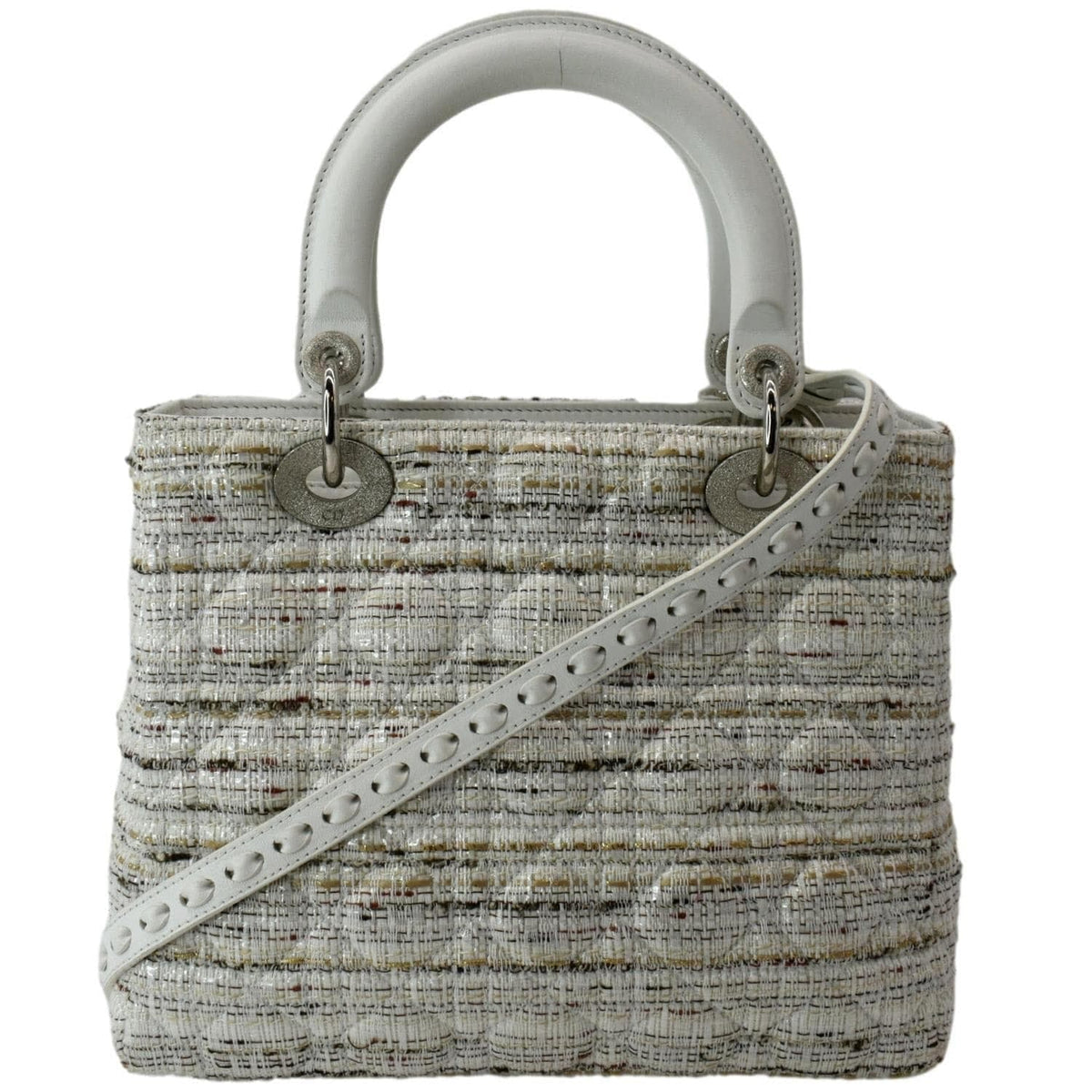 CHRISTIAN DIOR Medium Lady Dior Tweed Leather Shoulder Bag White Rovelle Bags