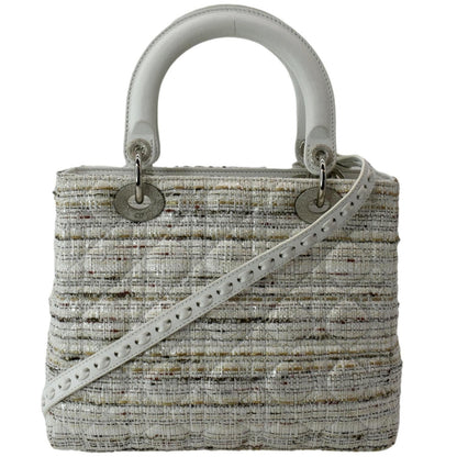 CHRISTIAN DIOR Medium Lady Dior Tweed Leather Shoulder Bag White Rovelle Bags
