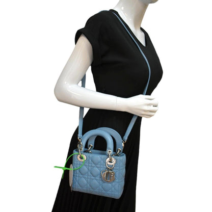 CHRISTIAN DIOR Mini Lady Dior Cannage Lambskin Leather Shoulder Bag Blue Rovelle Bags