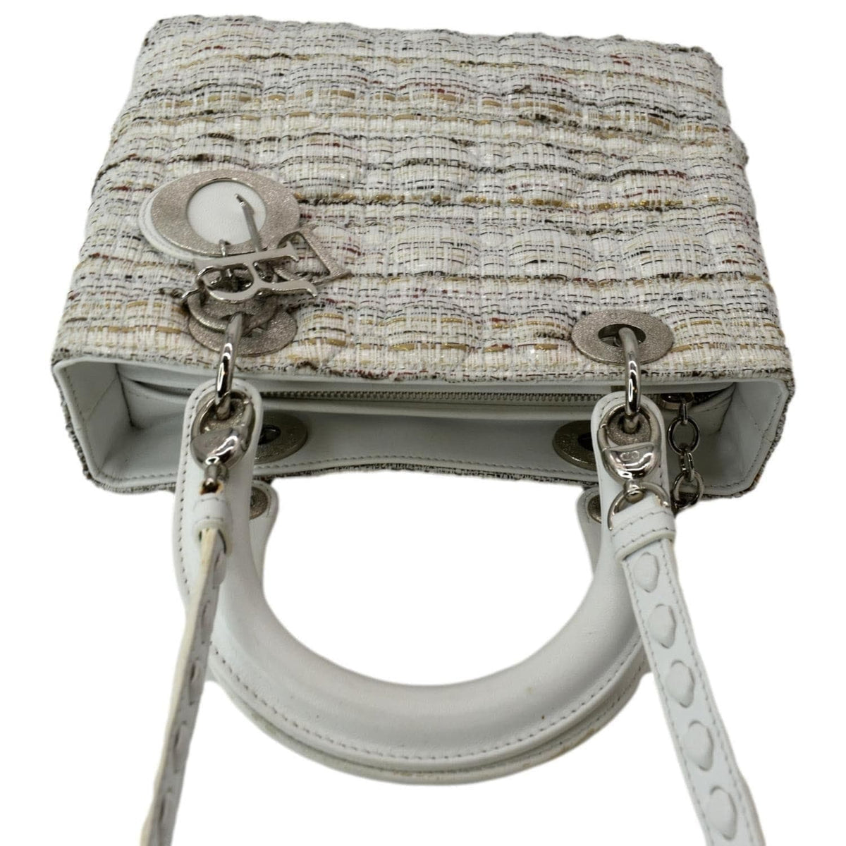 CHRISTIAN DIOR Medium Lady Dior Tweed Leather Shoulder Bag White Rovelle Bags