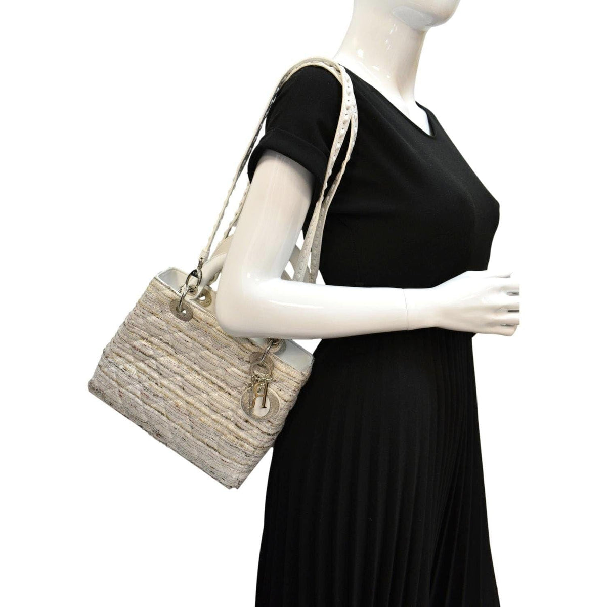 CHRISTIAN DIOR Medium Lady Dior Tweed Leather Shoulder Bag White Rovelle Bags