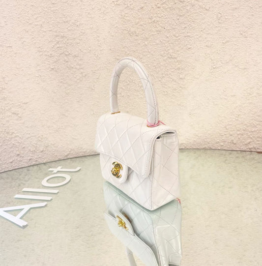 Chanel White Quilted Lambskin Cc Top Handle Mini Kelly Bag Gold Hardware 1994 Rovelle Bags
