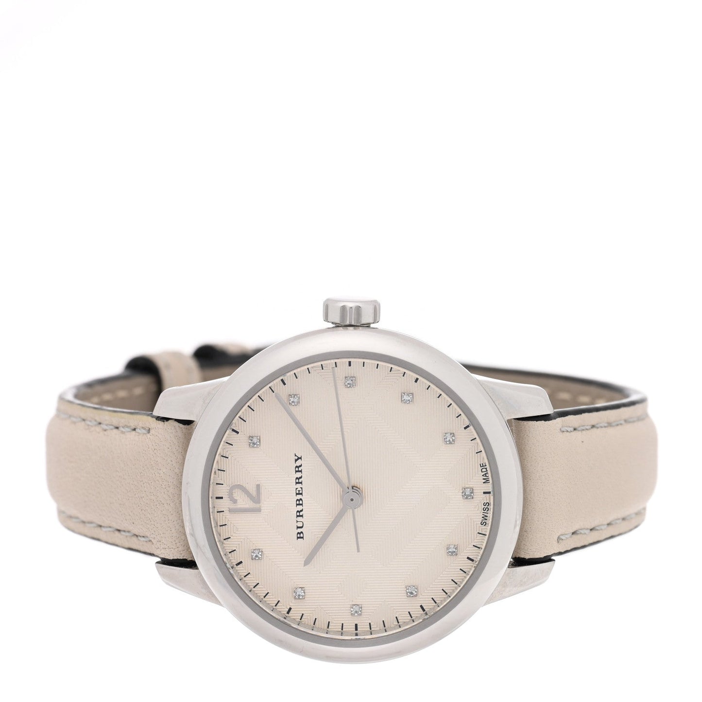 Stainless Steel Calfskin Diamond 32mm Classic Round Quartz Watch Taupe BU10105