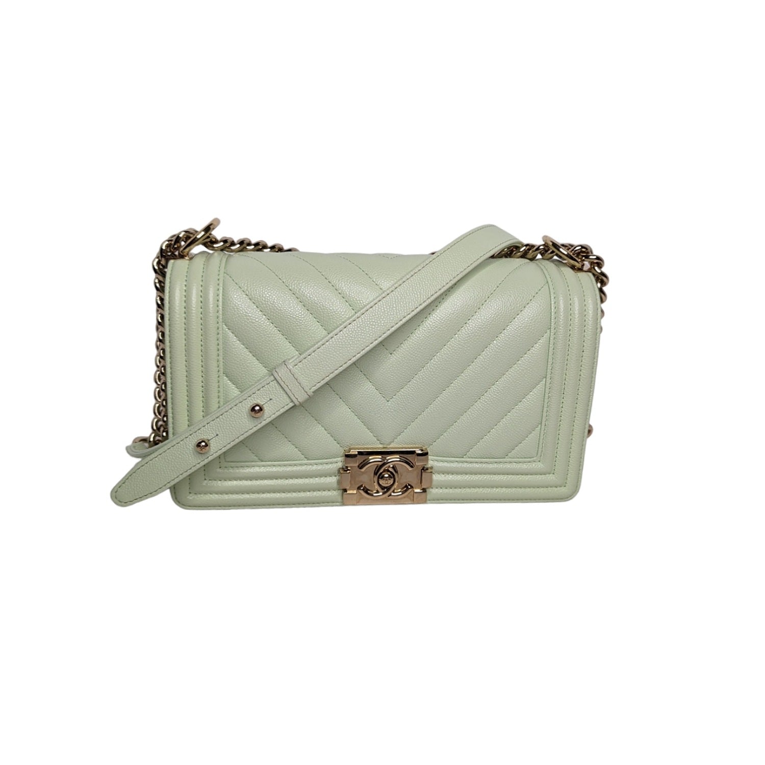 Chanel bag Caviar Chevron Quilted Medium Boy Flap Light Green Rovelle Bags