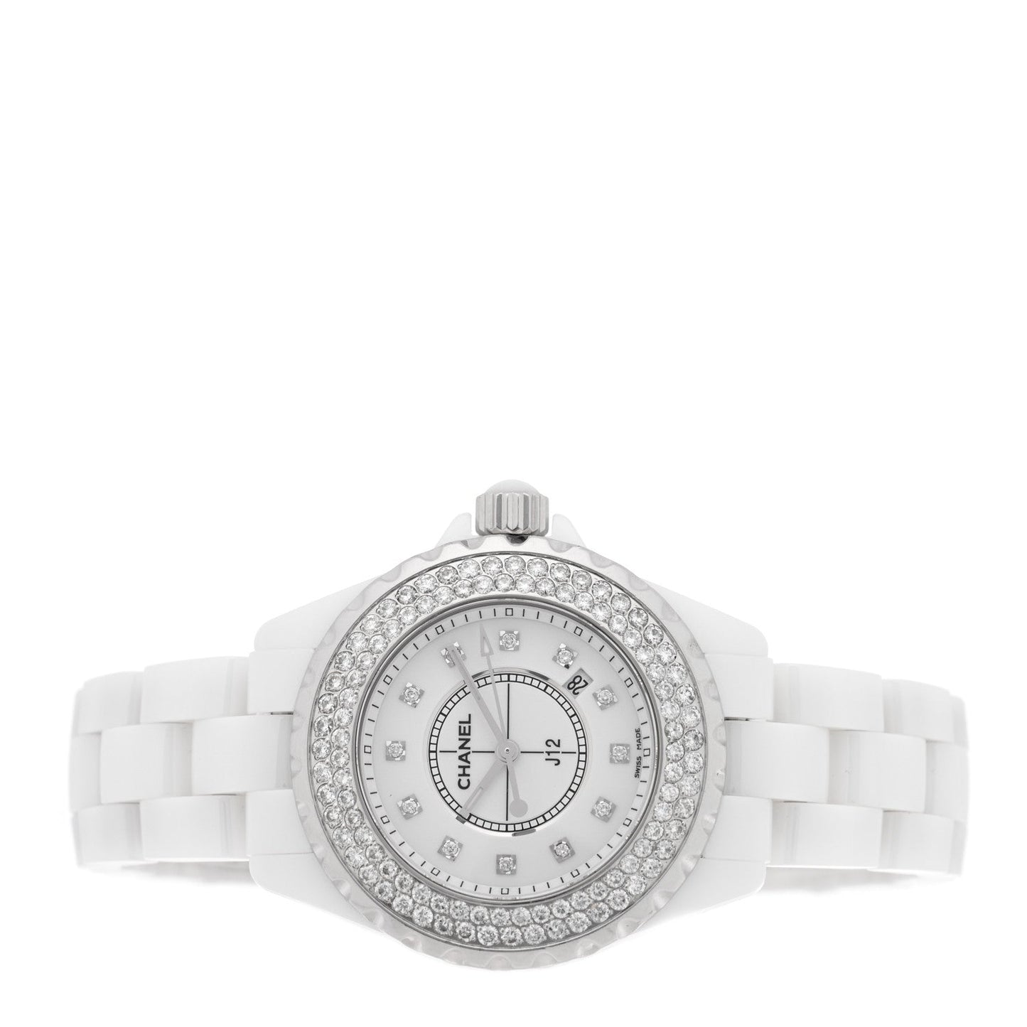 Stainless Steel Ceramic Diamond Pave Bezel 33mm J12 Quartz Watch White