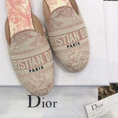 Dior Off Embroidered Cotton Flat Mules With Toile de Jouy Motif