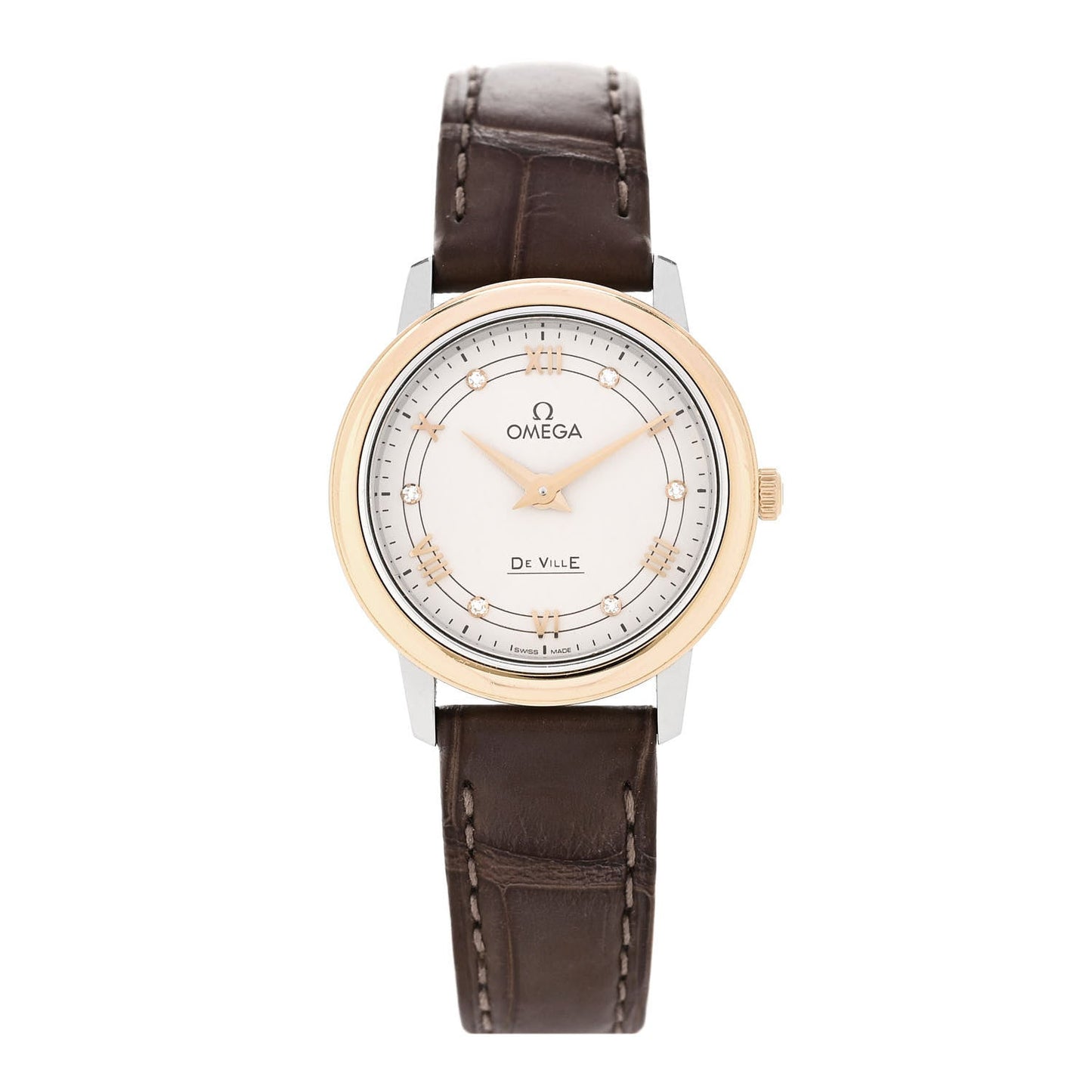 Stainless Steel 18K Red Gold Alligator Diamond 27mm De Ville Prestige Quartz Watch Silver 424.23.27.60.52.001