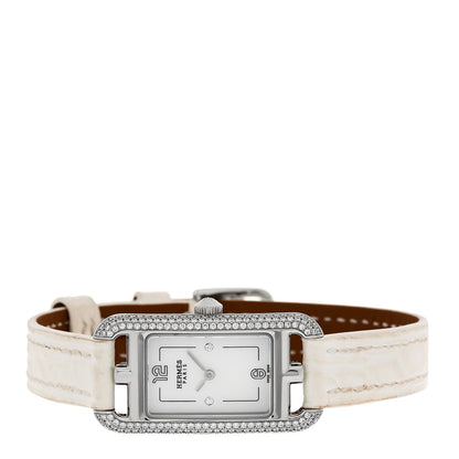 Stainless Steel Alligator Diamond Bezel Mother of Pearl 17mm Nantucket Quartz Watch Blanc