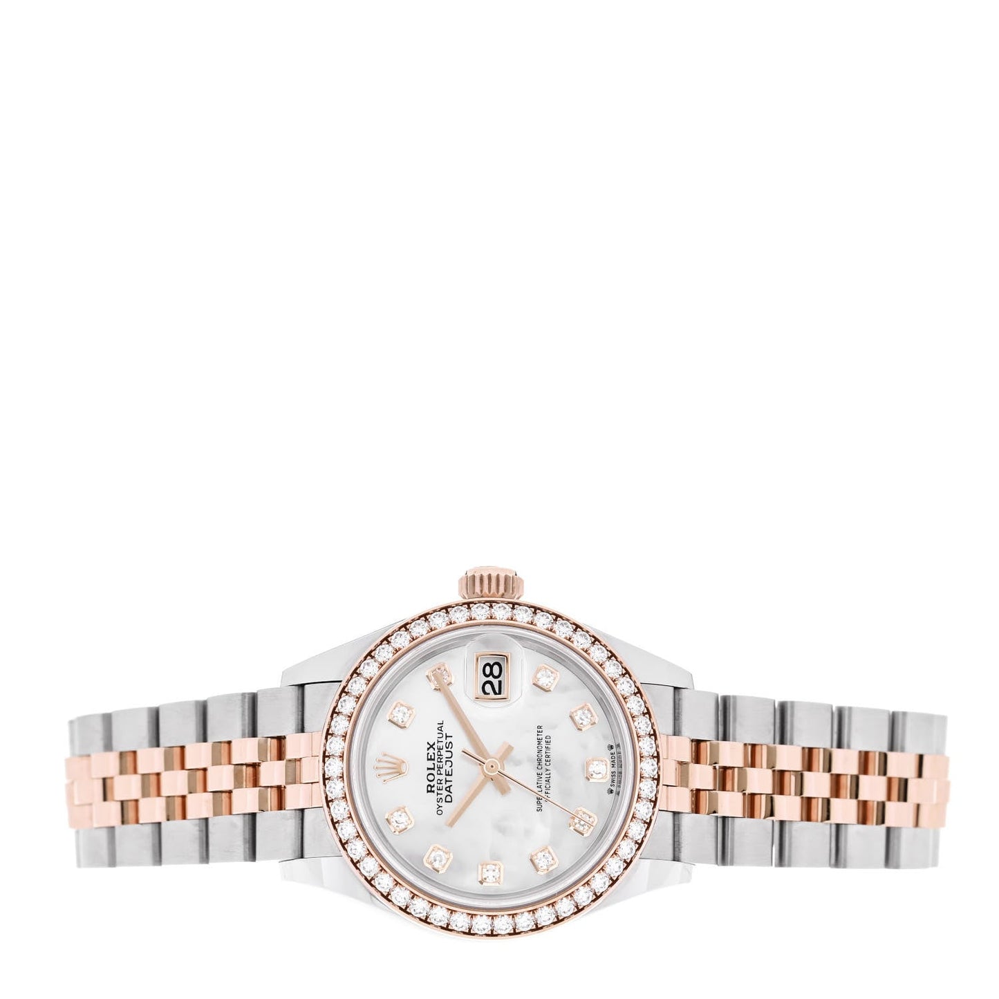 Stainless Steel 18K Everose Gold Diamond Bezel Mother of Pearl 28mm Oyster Perpetual Datejust Watch 279381RBR