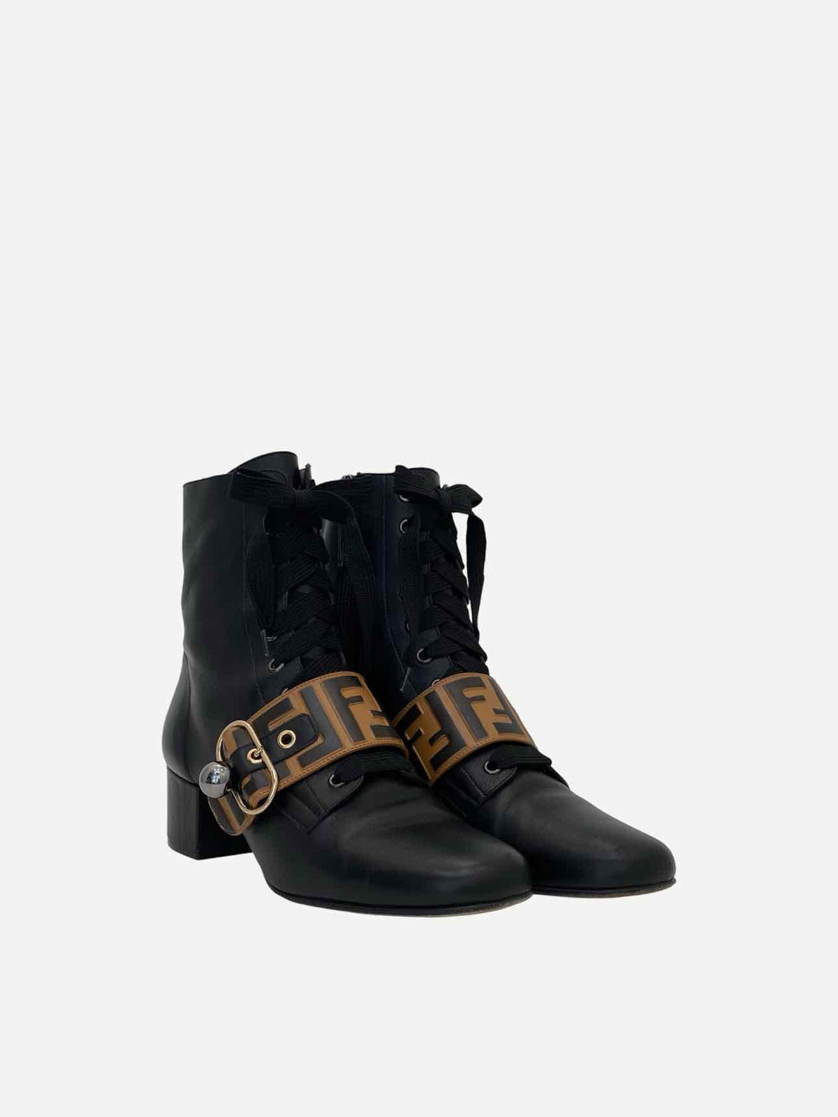FENDI Lace Up Black FF Motif Size EU 39 Ankle Boots Rovelle Bags