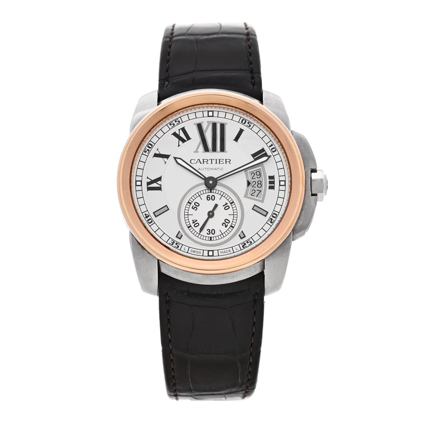 Stainless Steel 18K Pink Gold Alligator 42mm Calibre de Cartier Automatic Watch Brown