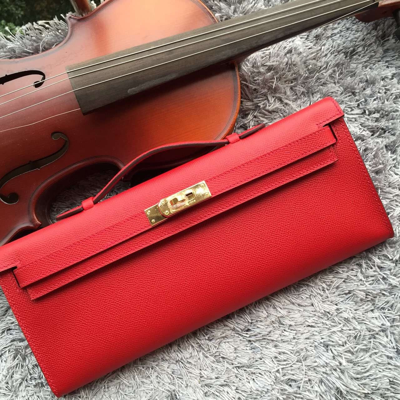 Luxury Hermes Red Handcrafted Kelly Cut Clutch