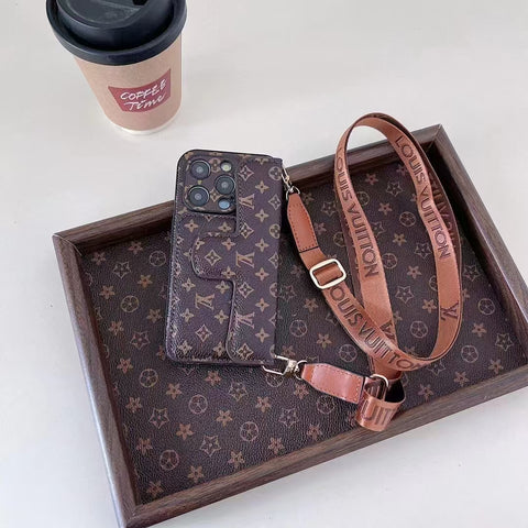 leather card holder lanyard phone case for iphone