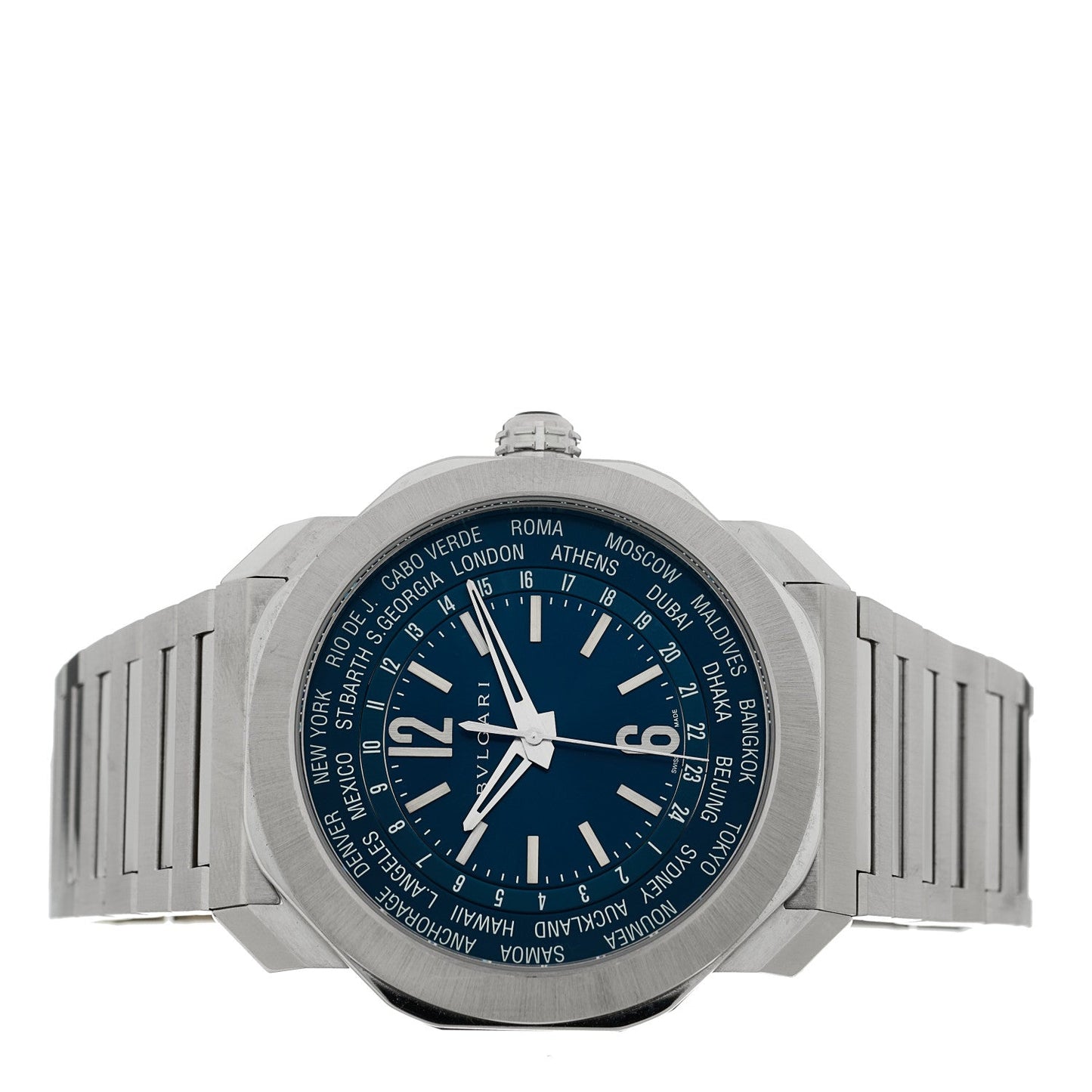 Stainless Steel 41mm Octo Roma Worldtimer Automatic Watch Blue