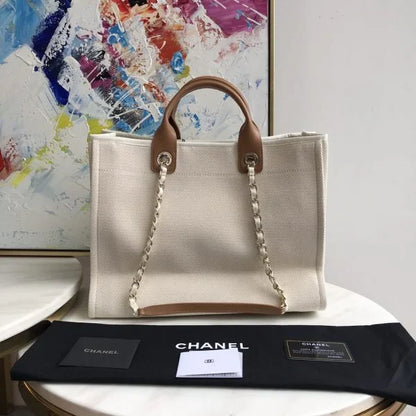 Chanel Deauville Pearl Canvas Tote Bag Ecru Beige