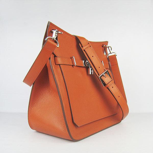 Luxury Hermes Leather Shoulder Bag Orange Silver