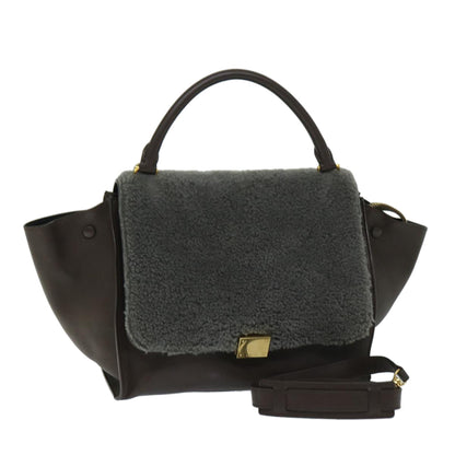 Luxury CELINE Trapeze Hand Bag Leather 2way Brown hk1137