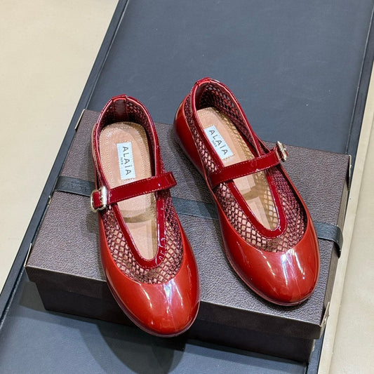 ALAIA 26S MARY JANE BALLET FLATS IN RED MESH AND GLOSSY CALFSKIN