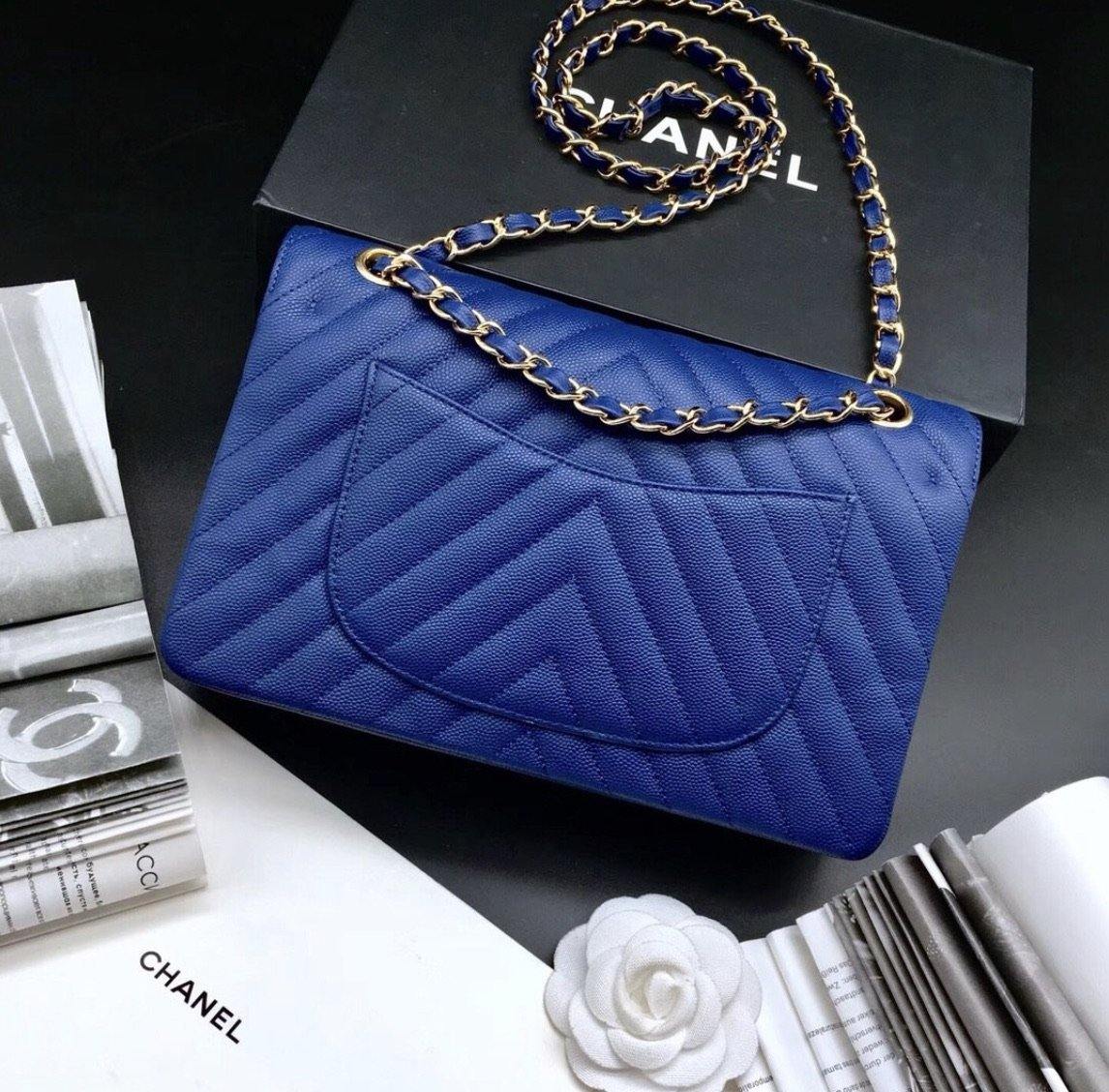 CHANEL Calfskin Chevron Quilted Double Flap