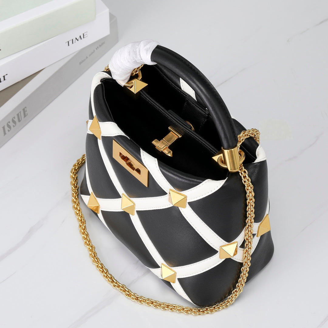Valentino Garavani Small Roman Stud The Handle Bag In Nappa With Grid Detailing