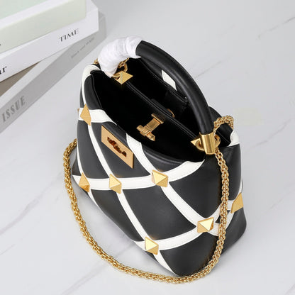 Valentino Garavani Small Roman Stud The Handle Bag In Nappa With Grid Detailing