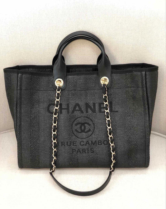 Chanel Straw Raffia Calfskin Striped Medium Deauville Tote